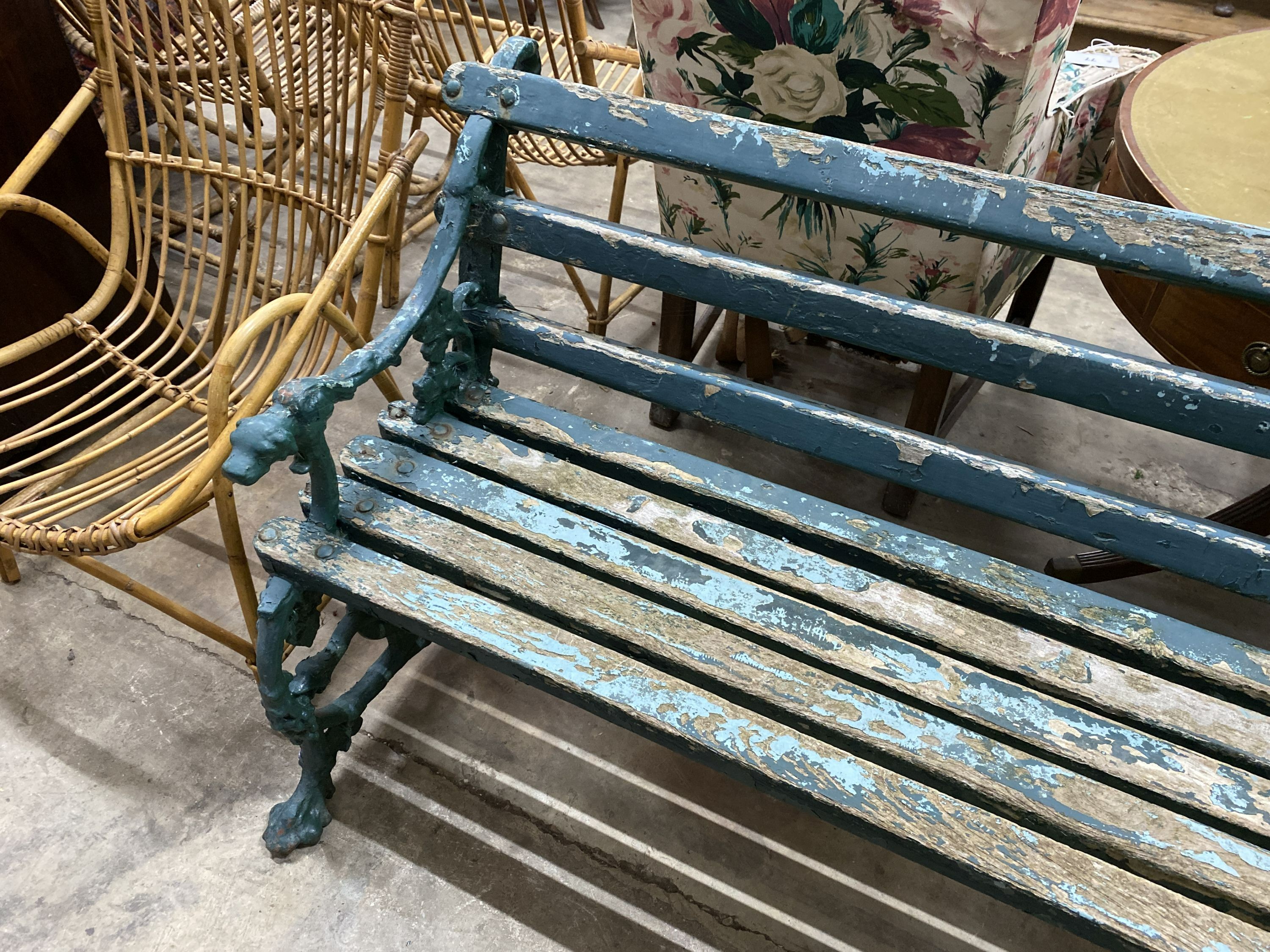 A Victorian Coalbrookdale painted cast iron serpent and grape slatted garden bench, length 160cm, depth 50cm, height 80cm